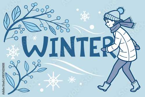 Winter cold concept text with ice snow snowflakes and frosty elements