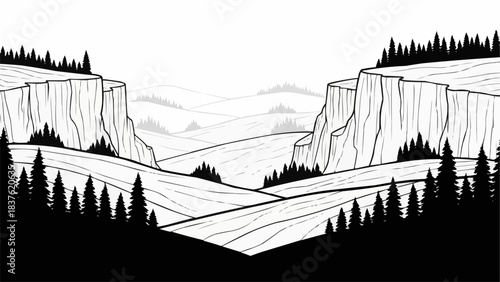 Hand drawn illustration of a vast canyon and forest landscape.