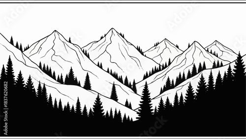 Majestic mountain range landscape with detailed peaks and evergreen trees.