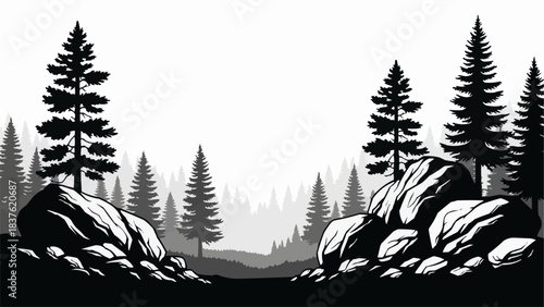 Monochromatic Forest Landscape with Towering Pine Trees and Prominent Rocks.
