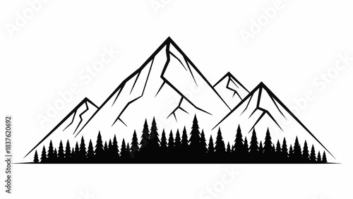 Monochrome mountain range illustration with a dense pine forest.