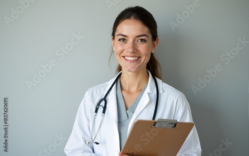 Happy professional female psychologist holding clipboard, looking and smiling at camera. High quality