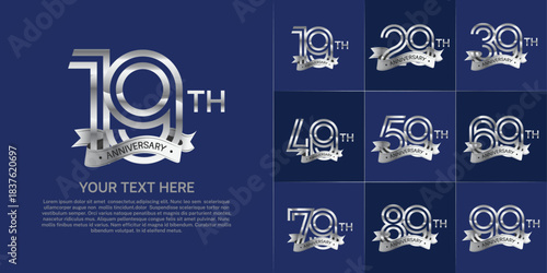 Anniversary logo set with double line number style. silver color with silver ribbon can be use for special moment