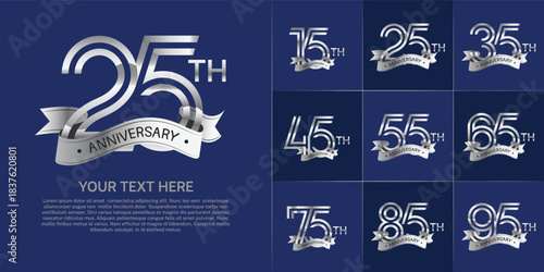 Anniversary logo set with double line number style. silver color with silver ribbon can be use for special moment