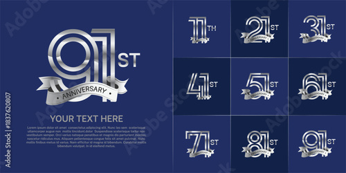 Anniversary logo set with double line number style. silver color with silver ribbon can be use for special moment
