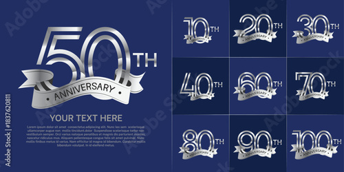 Anniversary logo set with double line number style. silver color with silver ribbon can be use for special moment