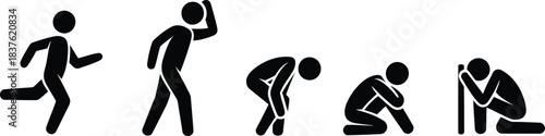 A sequence of five black stick figures illustrates a progression from energetic running to utter despair