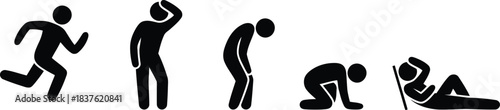 A sequence of five black stick figures showing a progression from running to complete exhaustion or sadness