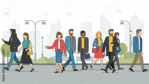 Diverse group of people walking on a city street.