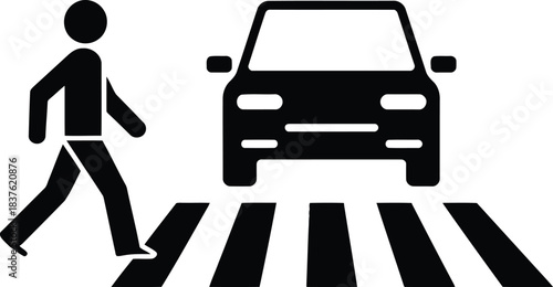 A simple black and white graphic shows a pedestrian walking on a zebra crossing with a car present