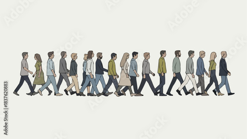 Diverse Group of People Walking Together in a Line.