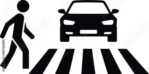 A simple black and white graphic shows a pedestrian walking on a zebra crossing with a car present