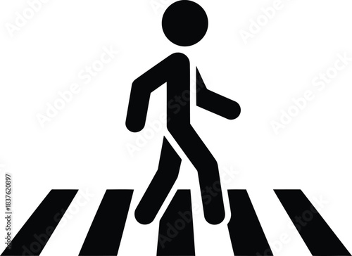 A single black stick figure walks across a marked pedestrian crosswalk safely