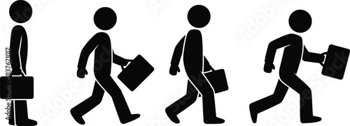 Four black stick figures depict a person walking and running while carrying a briefcase