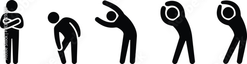 Five black stick figures performing various stretching and warm up exercises on a clean white background