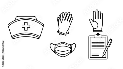 A minimalist silhouette illustration of medical icons including a nurse's cap, surgical mask, gloves on a clipboard with a pen on a clean white background for Black Friday promotions.