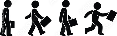 Four black stick figures illustrating a person walking and running with a briefcase in various speeds