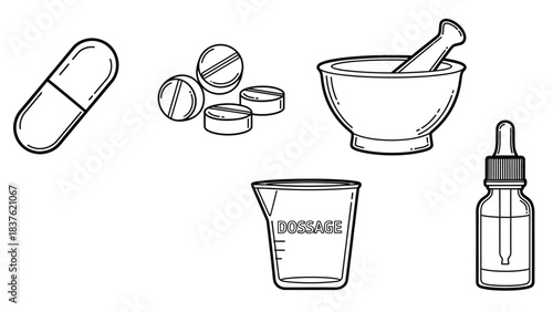 A collection of black and white line drawings depicting various pharmaceutical and medicinal items.