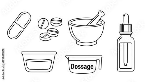 A silhouette illustration of various medicine and dosage items, including pills, a mortar, a bottle with a dropper, and measuring containers, against a clean white background.
