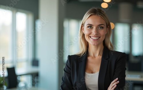 Smiling businesswoman in office. High quality