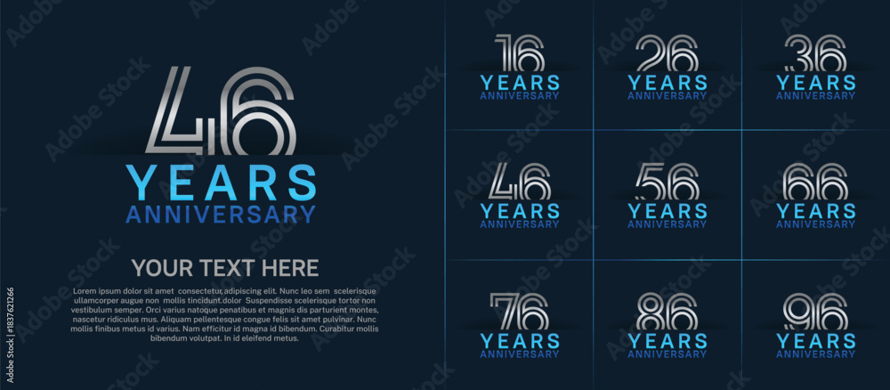Fototapeta premium Anniversary logo set with double line number style. silver and blue color can be use for special moment