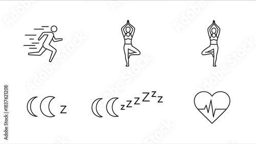 Black Friday sale silhouette icons on a white background featuring a running person, yoga poses, sleeping phases, and a heart rate symbol.