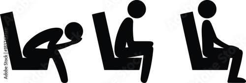 Three black stick figures illustrate various human sitting positions indicating comfort or discomfort