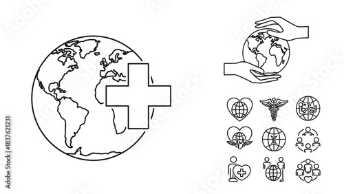 A collection of line art icons representing global health, medical care, and humanitarian aid.