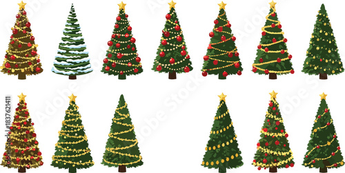 Collection of beautifully decorated Christmas trees featuring ornaments, lights, stars, and festive holiday elements in detailed vector illustration for seasonal design projects