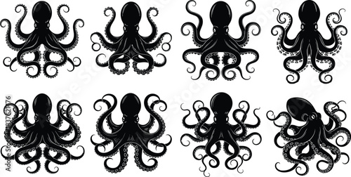 Collection of detailed octopus silhouettes with swirling tentacles, marine sea creature illustration set, elegant underwater animal vector design for ocean-themed artwork