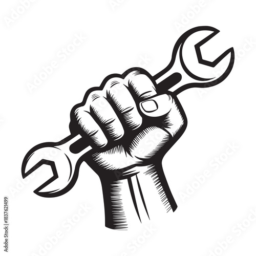 Raised Fist Holding Wrench Silhouette – Labor Power Symbol
