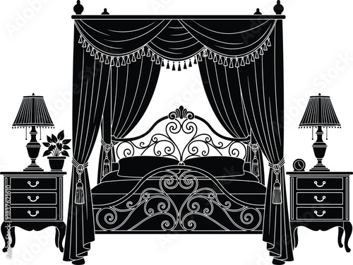 Elegant vintage canopy bed with ornate drapery, classic bedside tables and decorative lamps, detailed luxury bedroom interior vector illustration for stylish home decor design