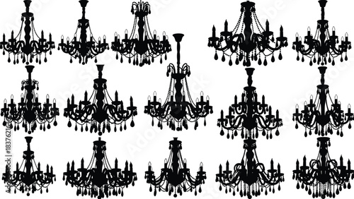 Elegant vintage chandelier silhouette collection featuring ornate crystal lighting fixtures, classic hanging lamp designs, luxurious interior decor elements, and decorative vector