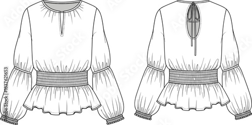 Fashion blouse technical flat sketch, long sleeve smocked waist top with back tie keyhole and ruffle hem details for apparel design illustration