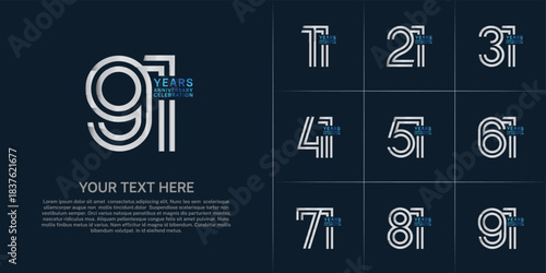 Anniversary logo set with double line number style. silver and blue color can be use for special moment