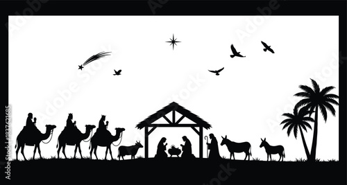 Nativity scene silhouette vector illustration featuring holy family, three wise men, animals, star of Bethlehem, and Christmas manger design for festive religious artwork