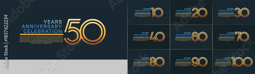 Anniversary logo set with double line number style. gold and blue color can be use for special moment