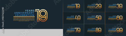 Anniversary logo set with double line number style. gold and blue color can be use for special moment