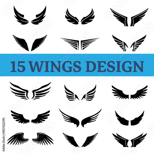 Wings badges. Flying emblem, eagle bird wing and winged frame. Aviation pilot patch badge, army insignia emblem or biker logotype sticker. Isolated vector icons set