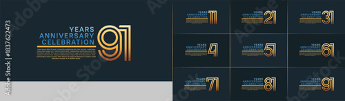 Anniversary logo set with double line number style. gold and blue color can be use for special moment
