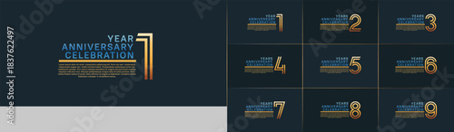 Anniversary logo set with double line number style. gold and blue color can be use for special moment