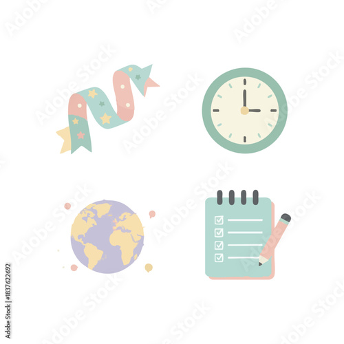 Four Pastel-Colored Icons of a Ribbon, Clock, Globe, and Checklist with Pencil - Simple & Playful Design
