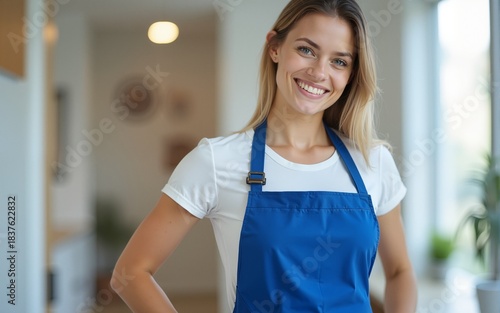 professional woman cleaner portrait in blue apron, office and home housekeeping and cleaning service. High quality