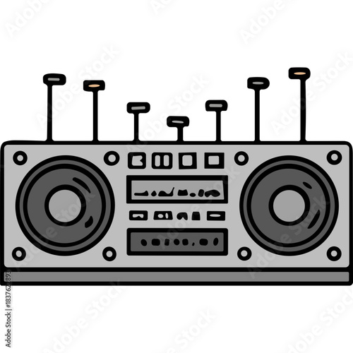 Retro Silver Boombox with Dual Speakers and Cassette Player Detailed Illustration on Black Background with Subtle Sound Waves Emanating
