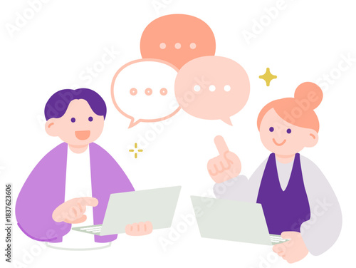 会話しながら作業するビジネスパーソンたち