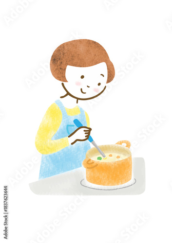 料理をしているエプロン姿の女性のイラスト