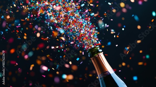 Elegant wine bottle ejecting spectacular rainbow confetti explosion, dynamic motion capture, particles suspended in mid-air, celebratory burst against dark background, high contrast lighting