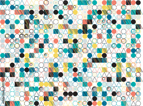 Playful abstract geometric pattern with colorful shapes and textures