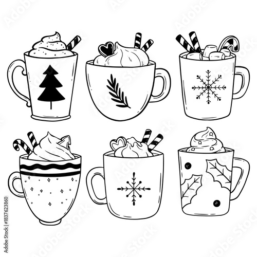Hand-Drawn Collection of Christmas Hot Drinks in Cups and Mugs