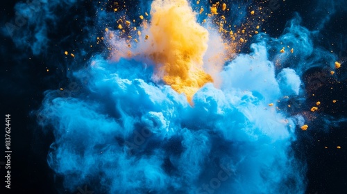 Vibrant explosion of powder paint creating billowing clouds of azure blue and sunshine yellow particles suspended in air, dramatic lighting capturing moment of impact